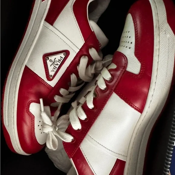 Prada Men's Red and White Leather Sneakers - Picture 2 of 7